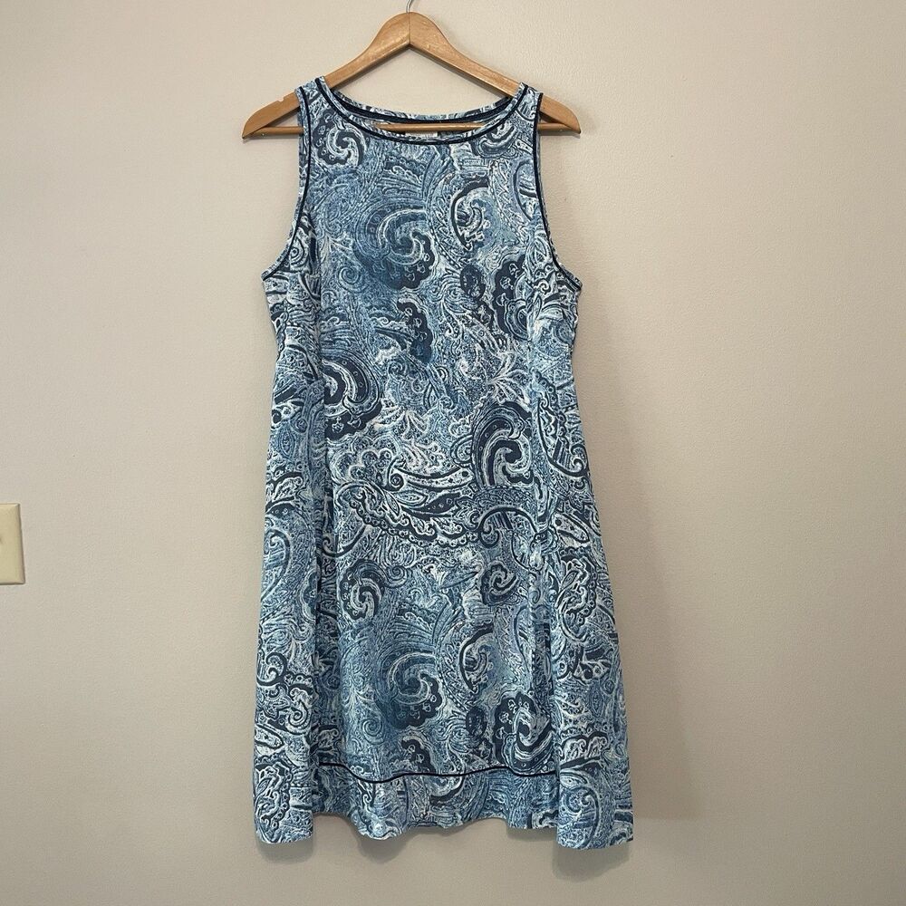 J Jill Love Linen Dress M Tall Blue Paisley Pleated Sleeveless Boho Coastal